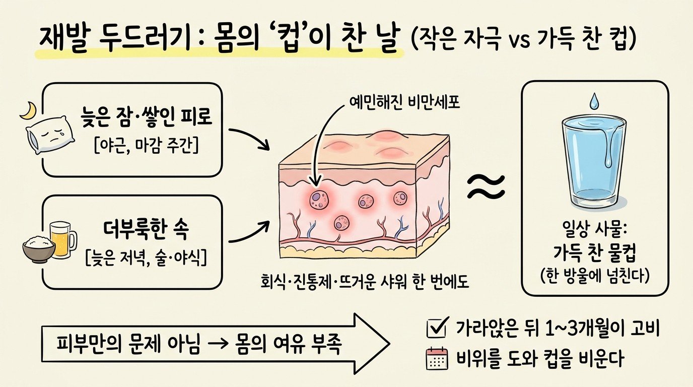 재발 두드러기는 몸의 컵이 찬 날 — 늦은 잠·쌓인 피로와 더부룩한 속이 비만세포를 예민하게 만들어, 가득 찬 물컵처럼 작은 자극 한 방울에 넘친다