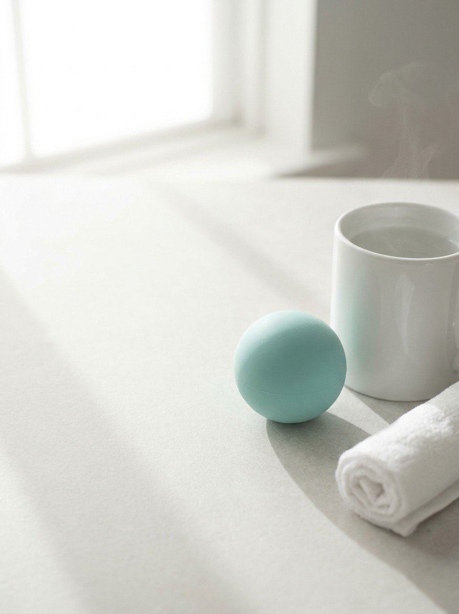A teal squeeze ball, a white mug of warm water and a rolled towel at the lower right of pale stone in soft window light, upper left of the frame left empty