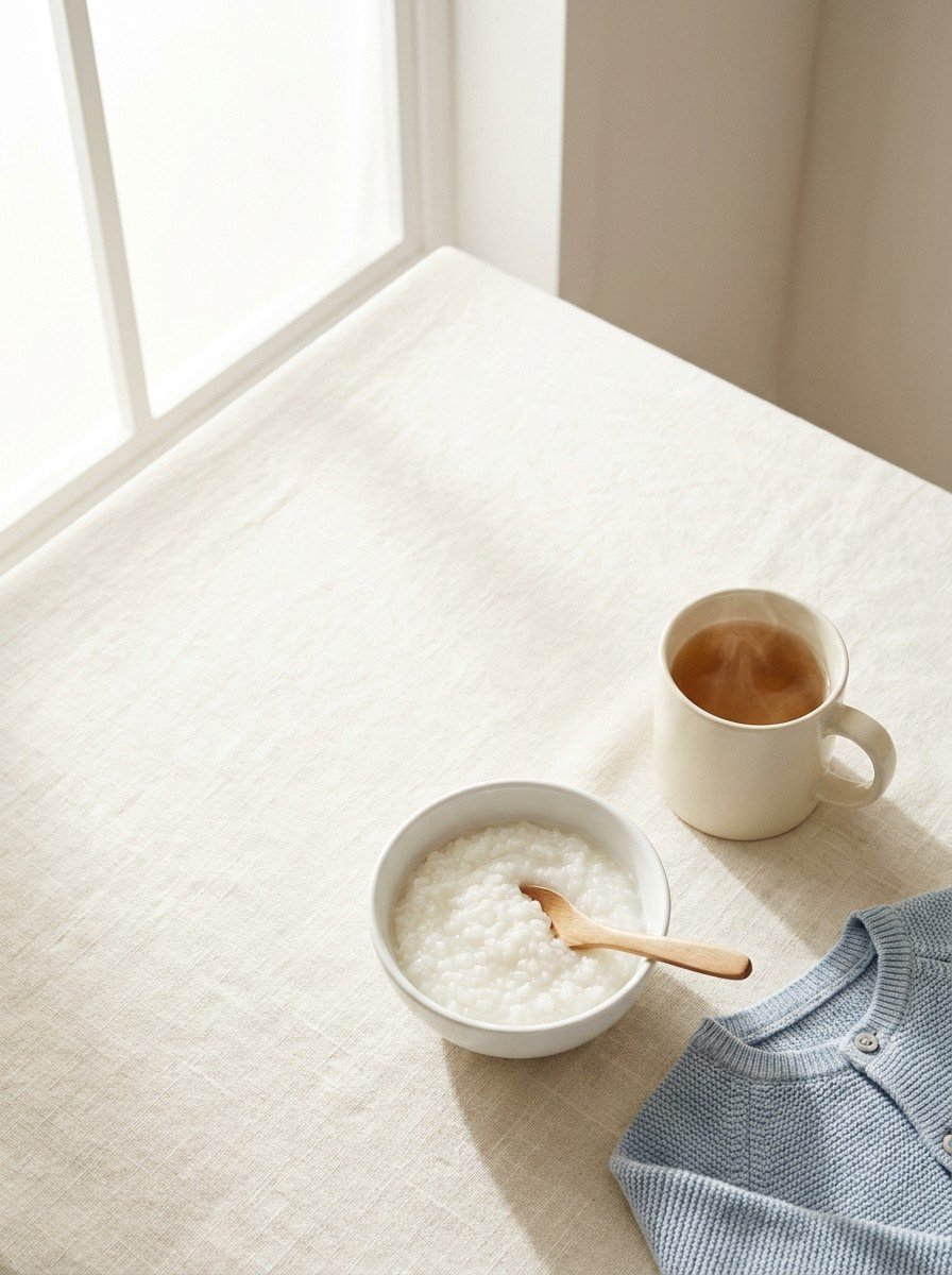 A small white bowl of rice porridge with a wooden spoon, a cream cup of warm barley tea and the corner of a pale blue child's cardigan on the lower right of cream linen, upper left left empty