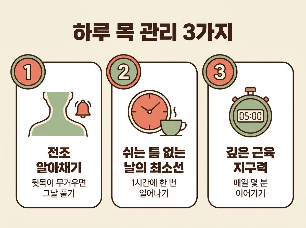 하루 목 관리 3가지 — 전조 알아채기, 쉬는 틈 없는 날의 최소선, 깊은 근육 지구력
