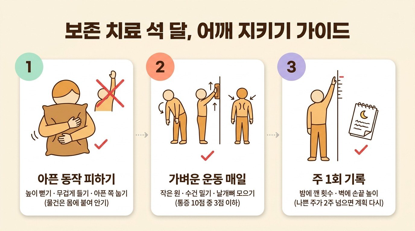 보존 치료 석 달 동안 어깨를 지키는 방법 세 가지: 아픈 동작 피하기, 가벼운 운동 매일, 주 1회 기록