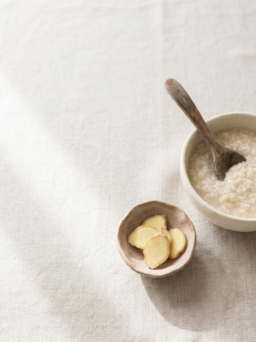 A ceramic bowl of rice porridge with a wooden spoon and sliced ginger on a tiny dish in the lower right of oatmeal linen, upper left empty