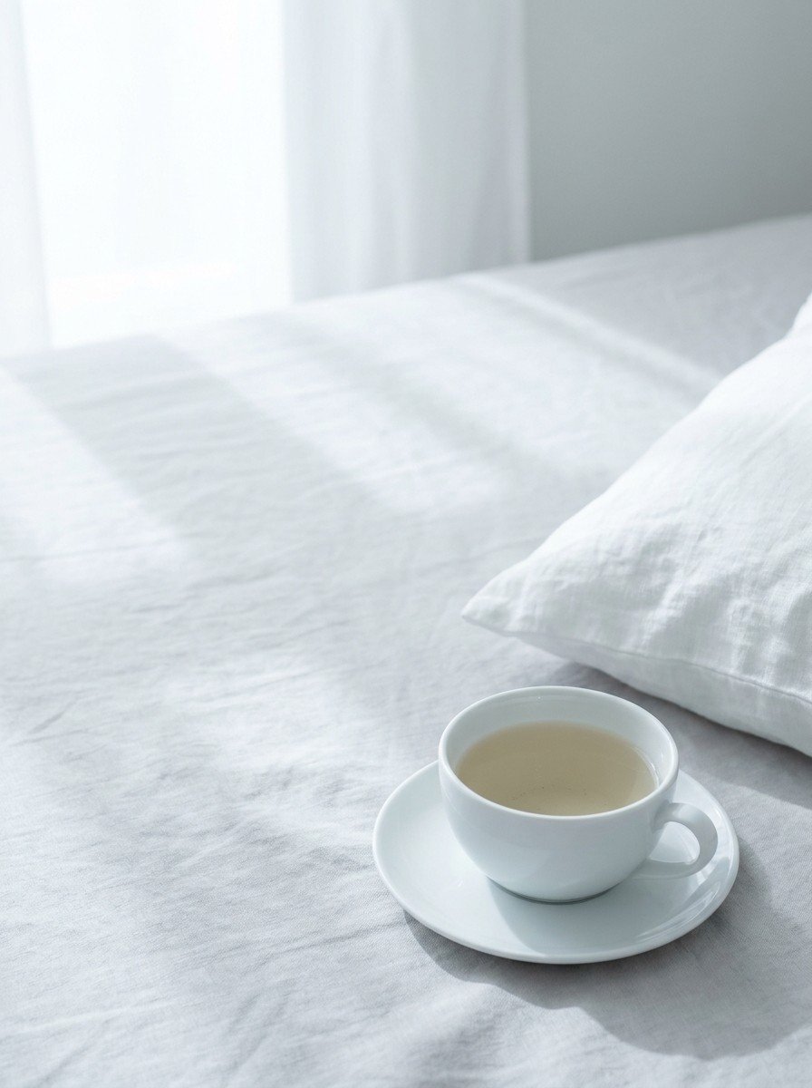 A white cup of tea on a saucer and the corner of a white linen pillow in the lower right of pale gray linen, upper left empty