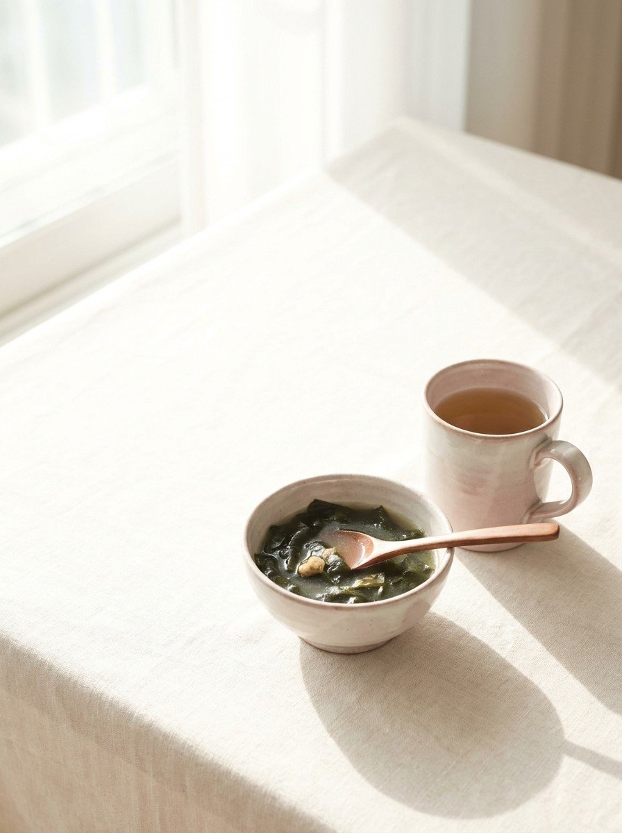 A small bowl of seaweed soup with a wooden spoon and a cup of warm tea at the lower-right of a cream linen table, the upper-left left empty in soft window light.