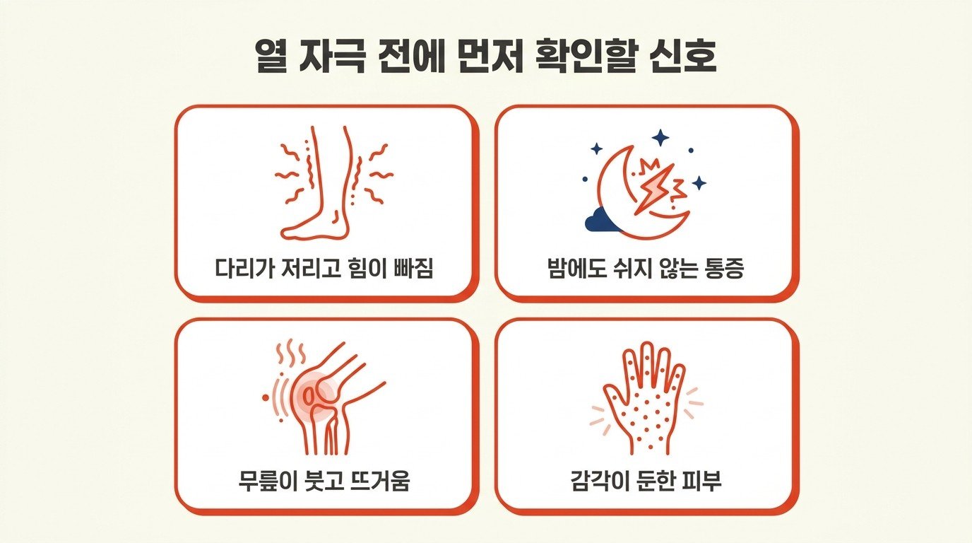 열 자극 전에 먼저 확인할 신호 — 다리가 저리고 힘이 빠짐, 밤에도 쉬지 않는 통증, 무릎이 붓고 뜨거움, 감각이 둔한 피부