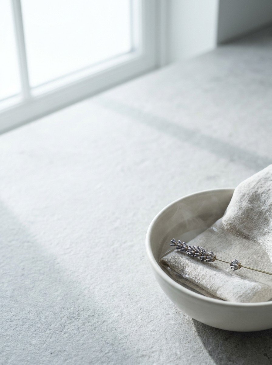A white ceramic basin of warm water with a folded linen towel and a single lavender stem in the lower right of a pale gray stone surface, upper left empty