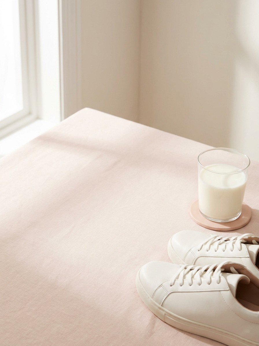 A pair of white walking sneakers and a glass of milk in the lower right of blush linen, upper left empty