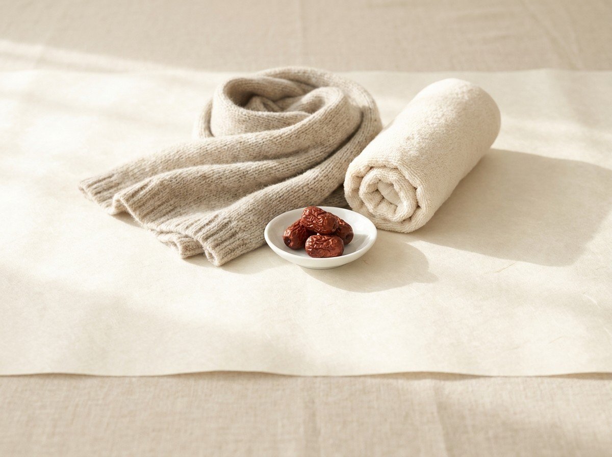 A softly folded oatmeal wool scarf, a rolled cotton towel and a small white porcelain dish of dried jujubes grouped on cream hanji paper in soft window light