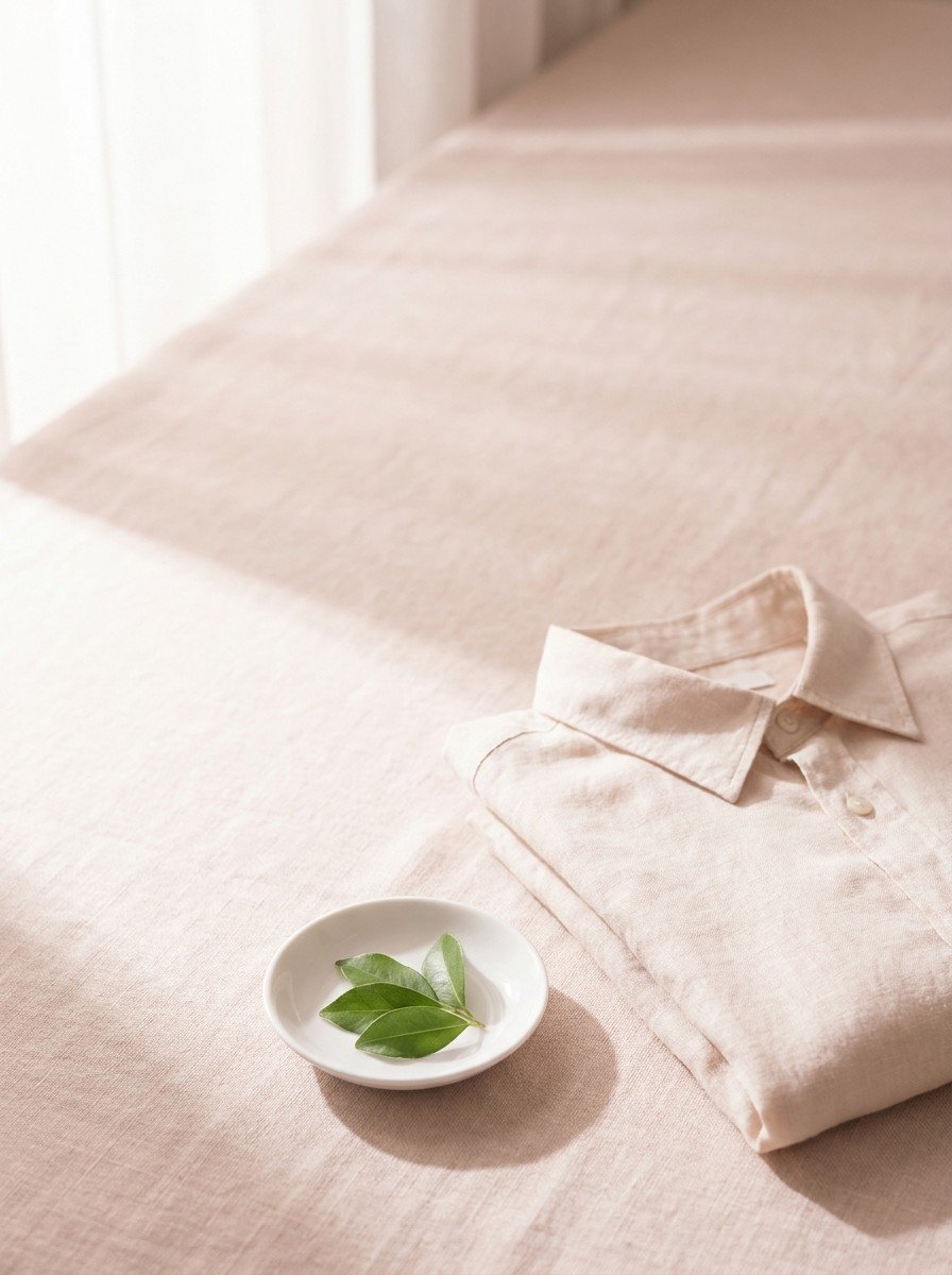 A folded light linen long-sleeve shirt and a white porcelain dish of fresh green leaves in the lower right of cream-rose linen, upper left empty