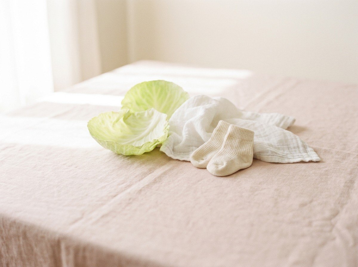 Two fresh cabbage leaves, a folded damp white cotton cloth and tiny knitted baby socks clustered on blush linen, lower third empty