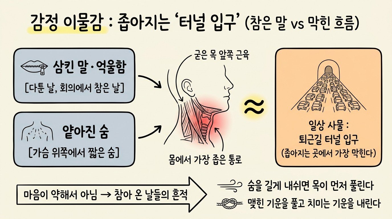 삼킨 말과 얕아진 숨이 목 앞쪽 근육을 굳혀, 좁아지는 터널 입구처럼 가장 좁은 목에서 막힌다