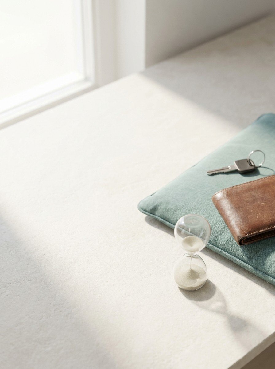 A brown leather wallet and a car key on a thin teal cushion with a small hourglass at the lower right of pale stone, upper left of the frame left empty