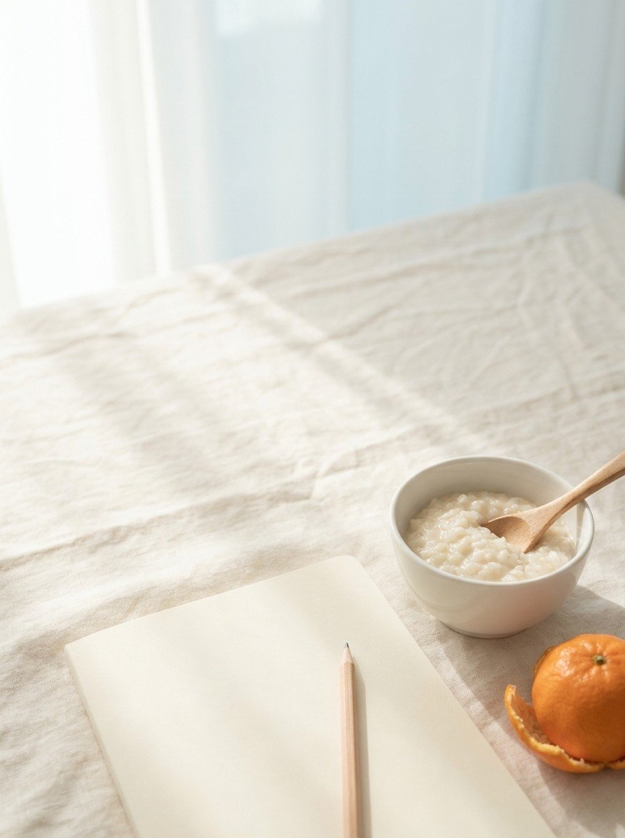 A plain cream notebook with a pencil, a small white bowl of soft rice porridge with a wooden spoon and a tangerine on the lower right of cream linen, upper left of the frame left empty