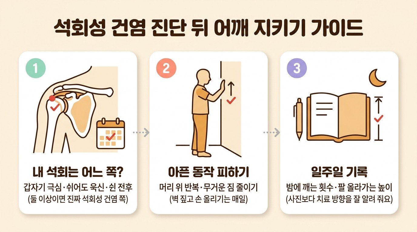 석회성 건염 진단 뒤 어깨 지키기 가이드: 내 석회가 어느 쪽인지 확인하기, 아픈 동작 피하기, 일주일 기록하기