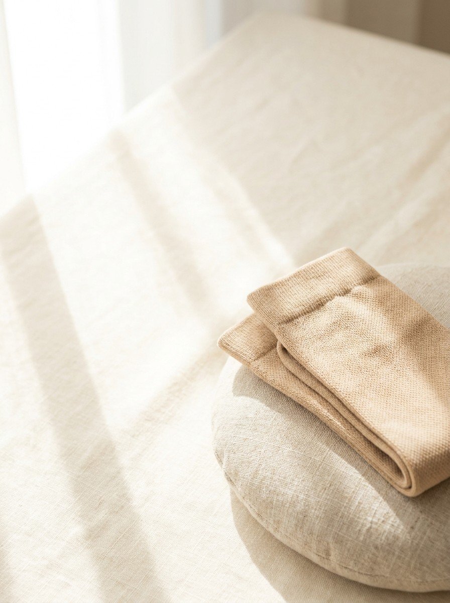 Folded beige knee-high compression socks resting on a small round linen cushion at the lower-right of a cream linen surface, the upper-left left empty in soft window light.