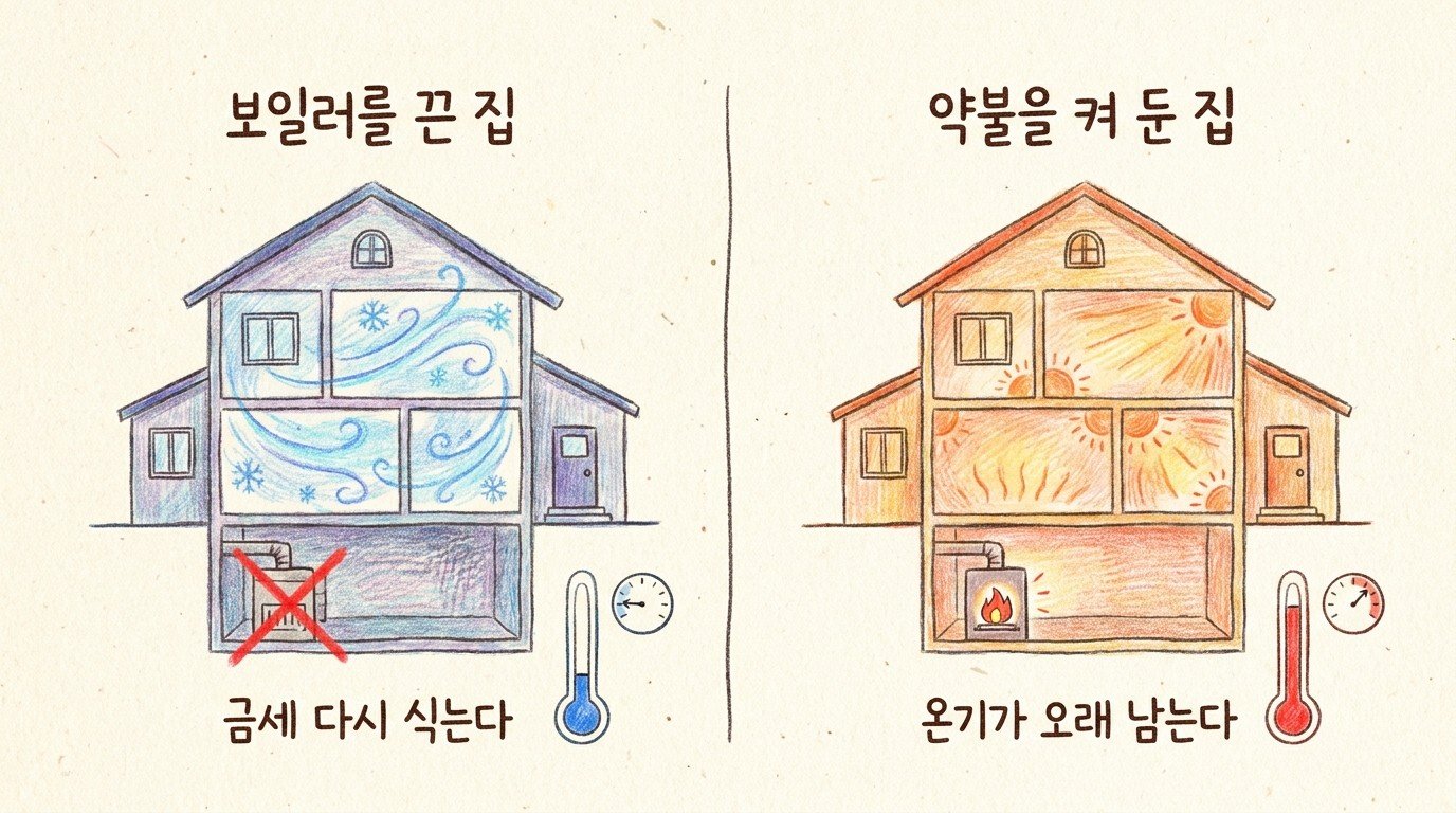 보일러를 끈 집은 금세 다시 식고, 약불을 켜 둔 집은 온기가 오래 남는다
