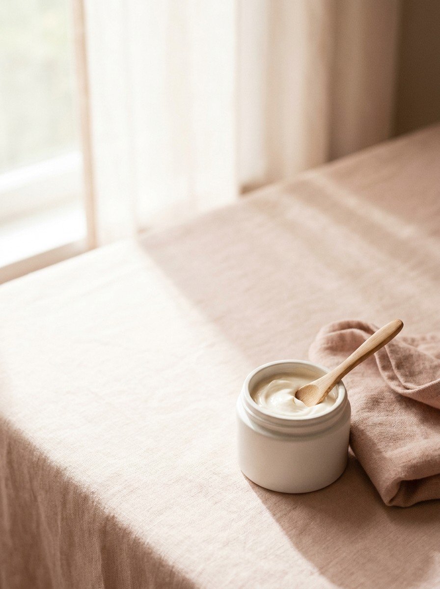 A small unlabeled white ceramic jar of thick cream with a wooden spatula and a soft folded washcloth in the lower right of cream-rose linen, upper left empty