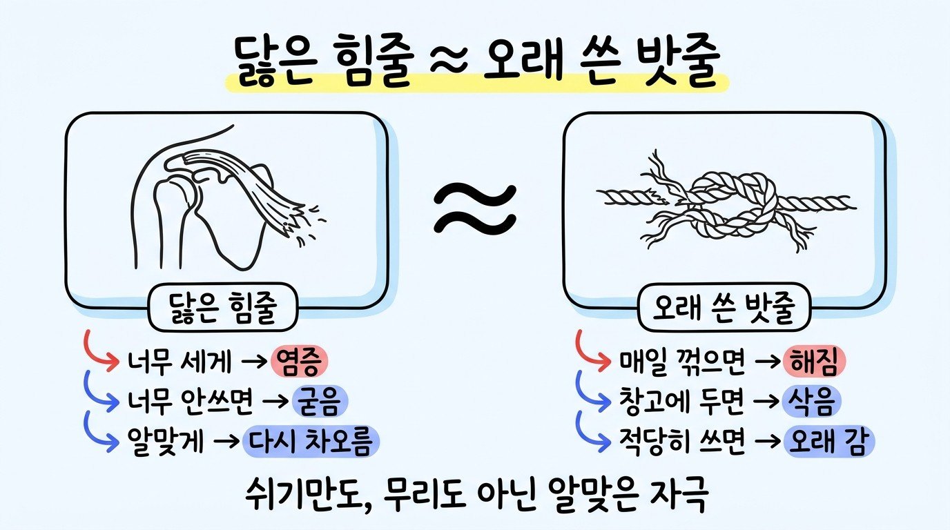 닳은 힘줄은 오래 쓴 밧줄과 같다 — 너무 세게 쓰면 염증, 너무 안 쓰면 굳음, 알맞게 쓰면 다시 차오름