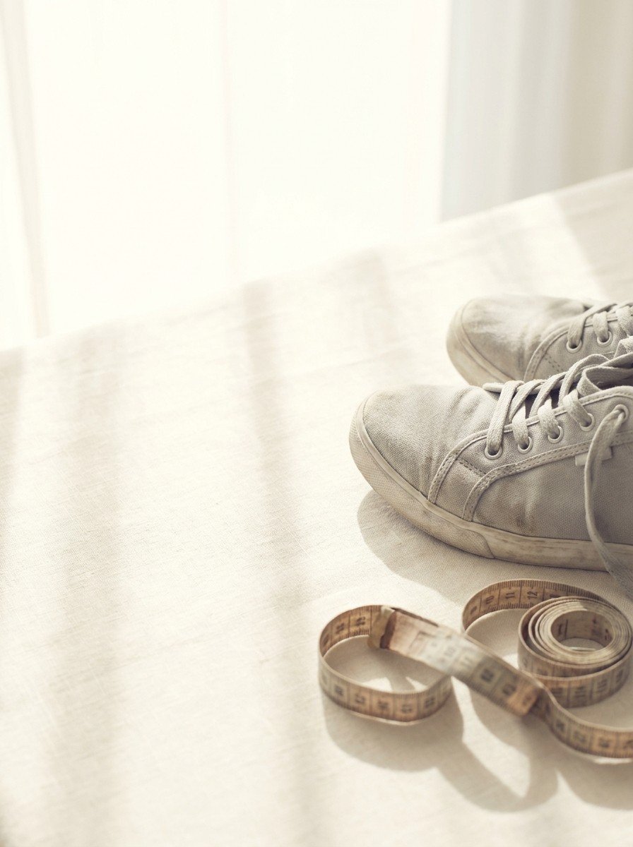 Light gray walking shoes and a loosely coiled cloth measuring tape at the lower-right of a cream linen surface, the upper-left left empty in soft window light.