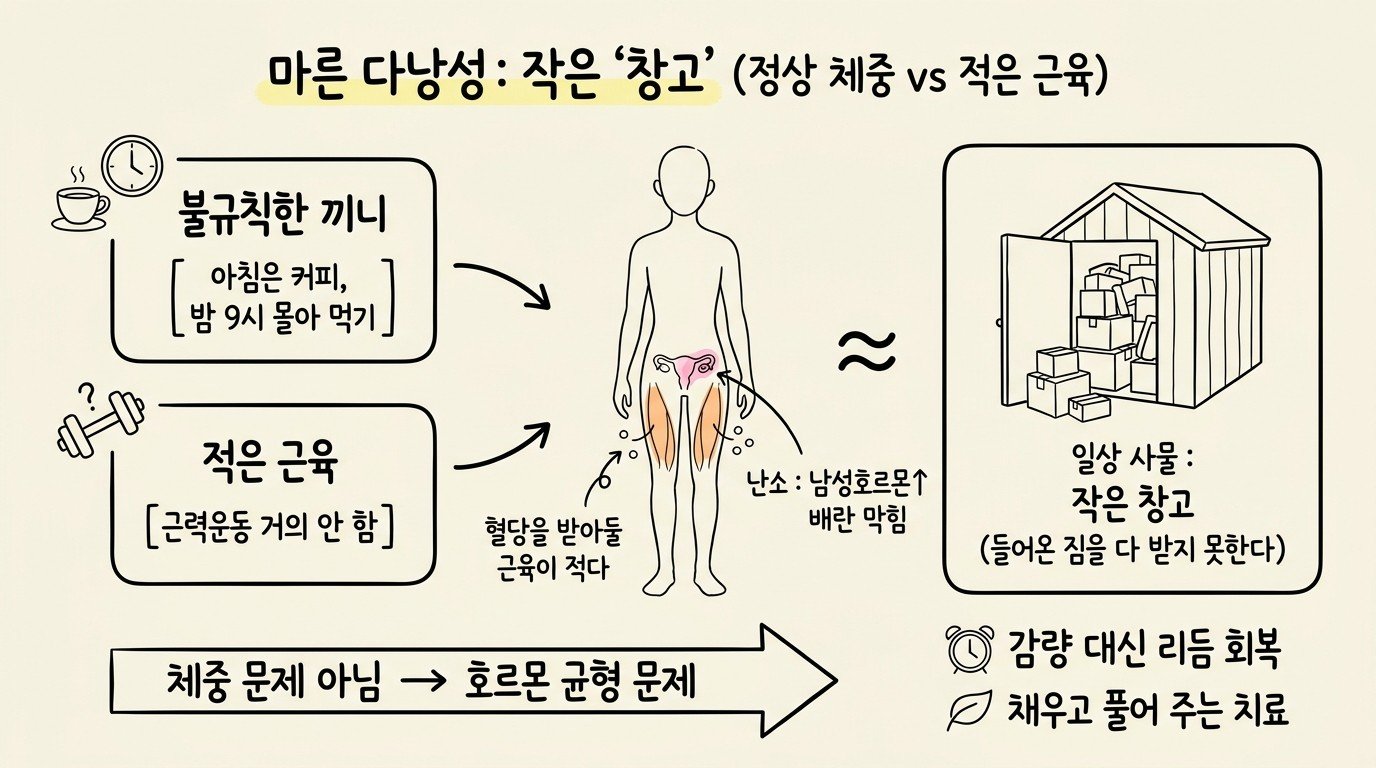 마른 다낭성은 혈당을 받아 둘 근육이라는 창고가 작아 생긴다 — 체중이 아니라 호르몬 균형의 문제