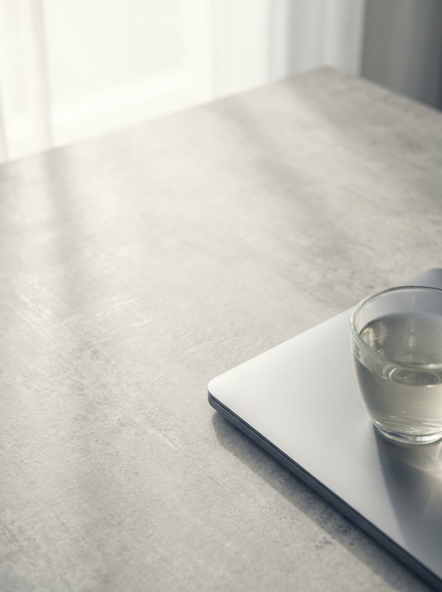 The corner of a closed silver laptop and a small glass cup of tea in the lower right of a light gray stone surface, upper left empty