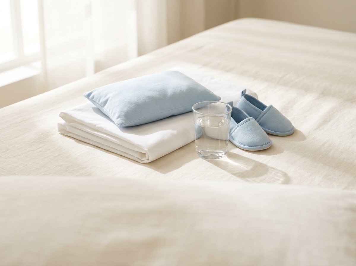 A folded white cotton bedsheet with a small pale blue child's pillow, a clear glass of water and small pale blue slippers grouped on cream linen in soft window light
