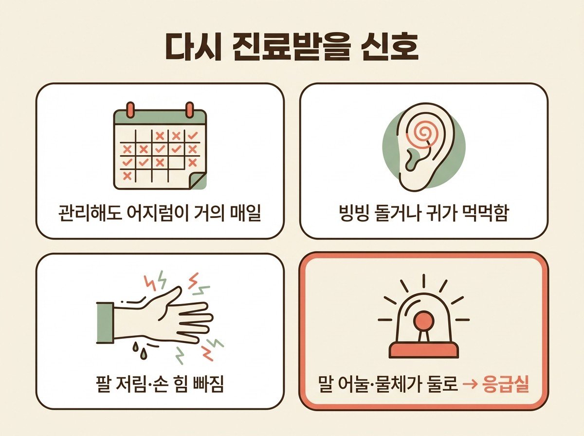 다시 진료받을 신호 4가지 — 관리해도 거의 매일, 빙빙 돌거나 귀가 먹먹함, 팔 저림·손 힘 빠짐, 말 어눌·물체가 둘로 보이면 응급실