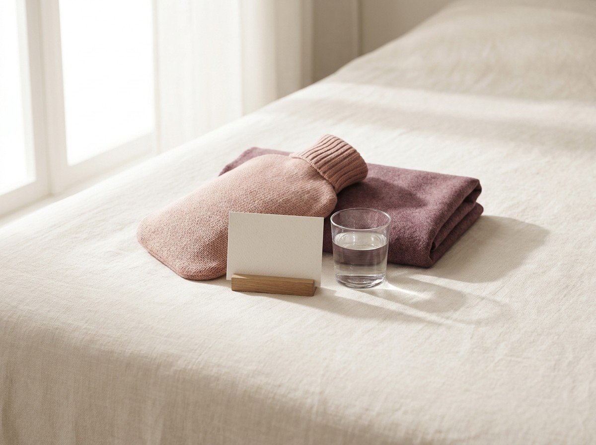 A knitted blush hot water bottle, a blank calendar card, a glass of water and a folded plum blanket clustered on cream linen