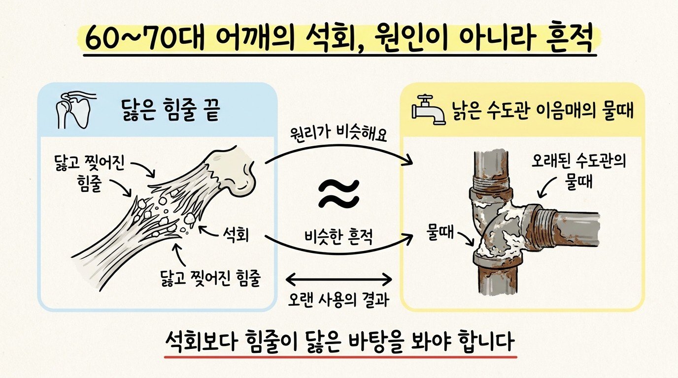같은 이름, 다른 석회 — 힘줄 가운데 생겼다 녹는 석회와 닳은 힘줄 끝에 낀 석회 비교
