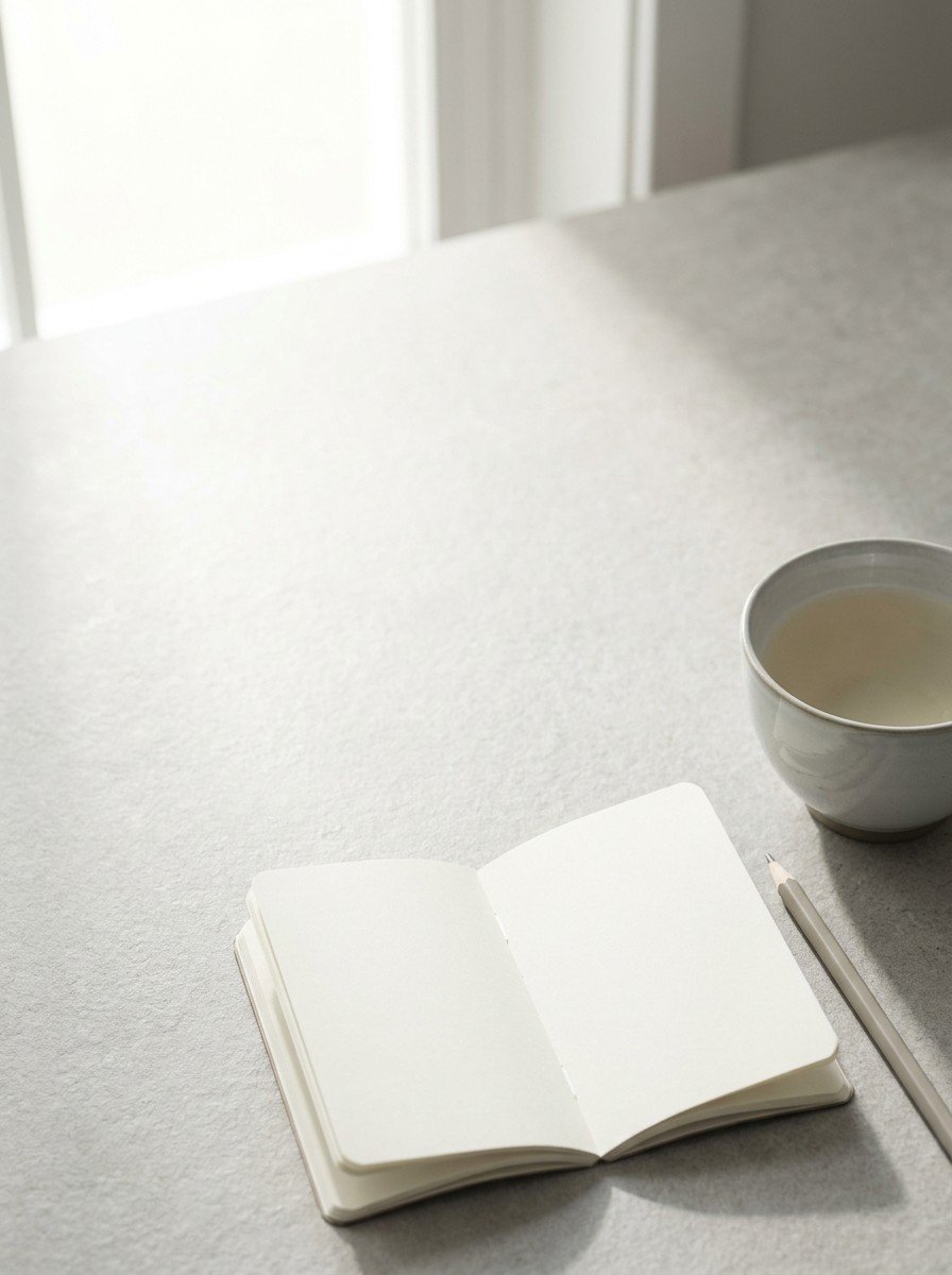 An open blank notebook with a pencil and a cup of pale barley tea in the lower right of a light gray stone surface, upper left empty