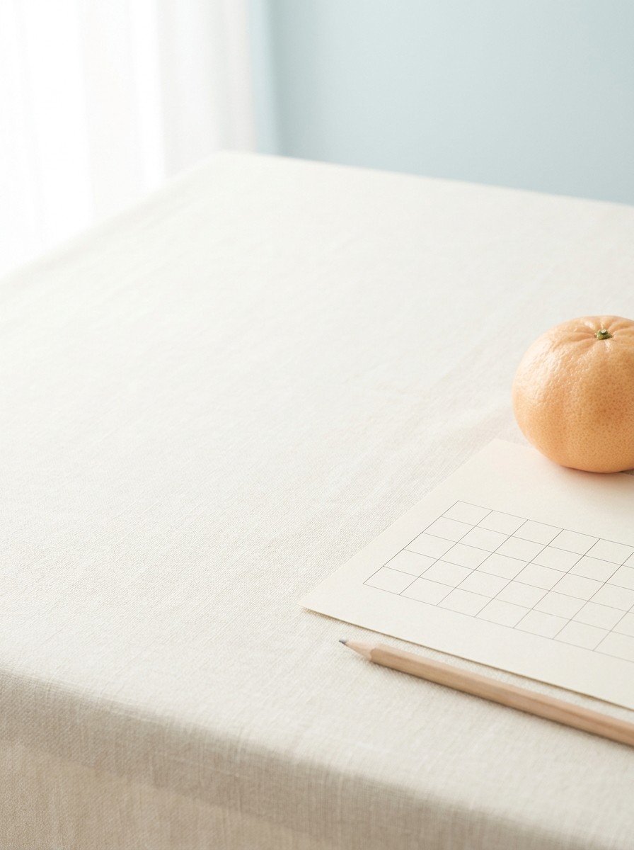 A blank paper calendar page with an empty grid, a pencil and a tangerine on the lower right of cream linen, upper left of the frame left empty