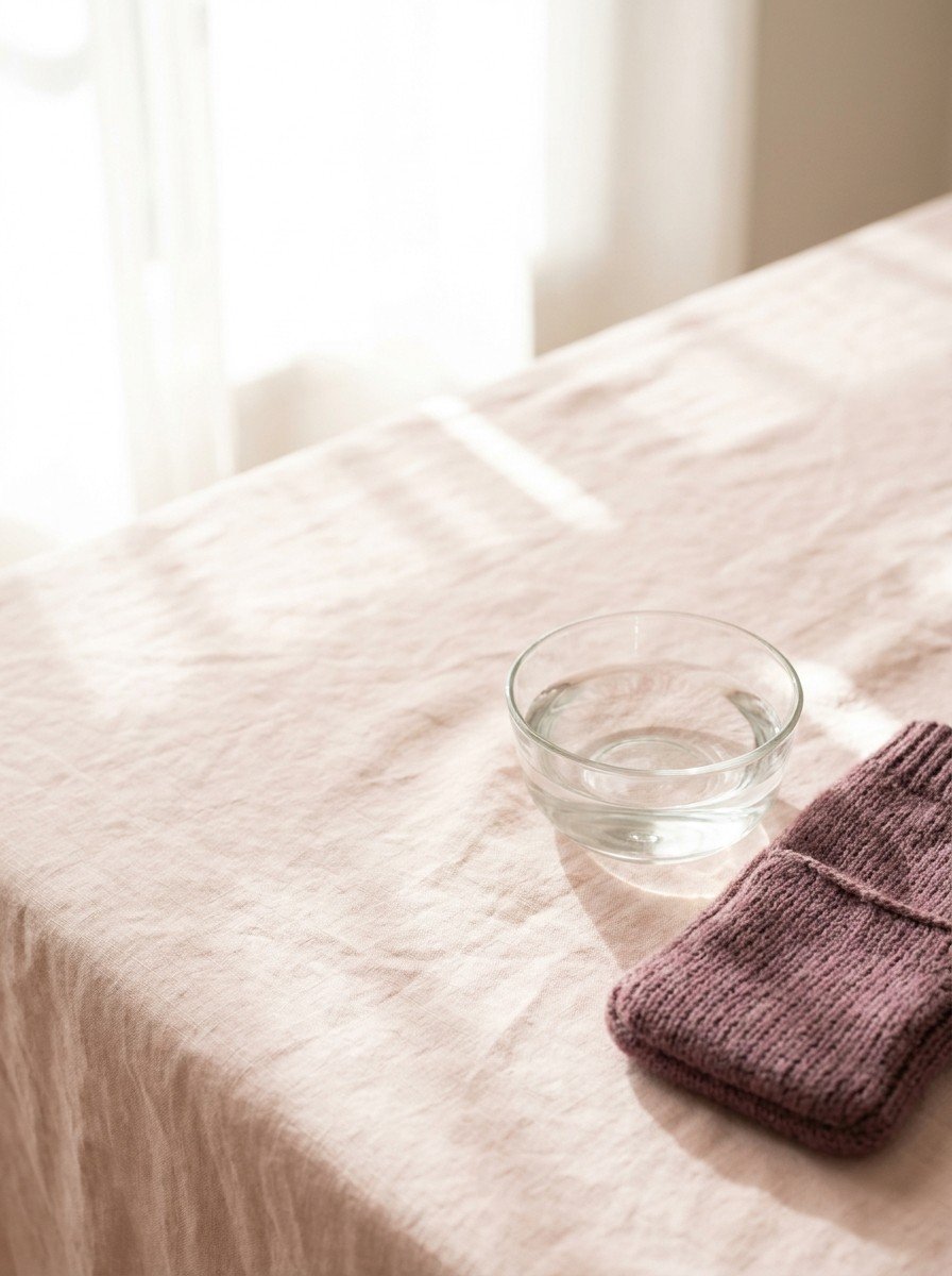 A small round clear glass bowl of water and a knitted plum hand warmer in the lower right of blush linen, upper left empty