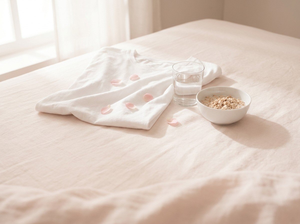 A softly folded loose white cotton t-shirt with a few pale pink oval rose petals, a glass of water and a small bowl of oatmeal clustered on cream-rose linen, lower third empty