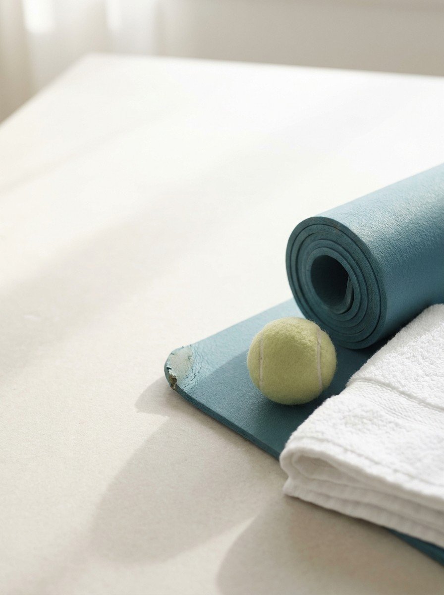 A rolled teal yoga mat, a tennis ball and a folded white towel at the lower right of a pale surface in soft window light, upper left left empty