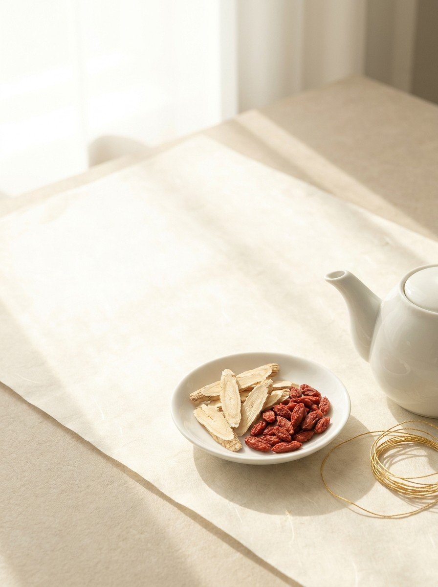 A white porcelain dish of dried astragalus slices and goji berries, a small white ceramic teapot and a loosely coiled gold thread on the lower right of cream hanji paper, upper left of the frame left empty