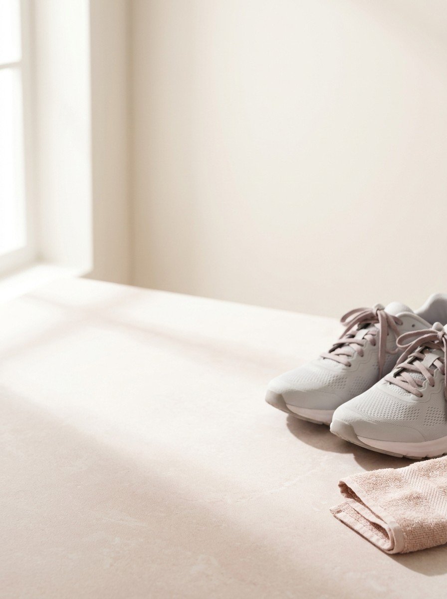 A pair of light gray running shoes and a folded blush towel at the lower right of a pale stone surface, upper left of the frame left empty