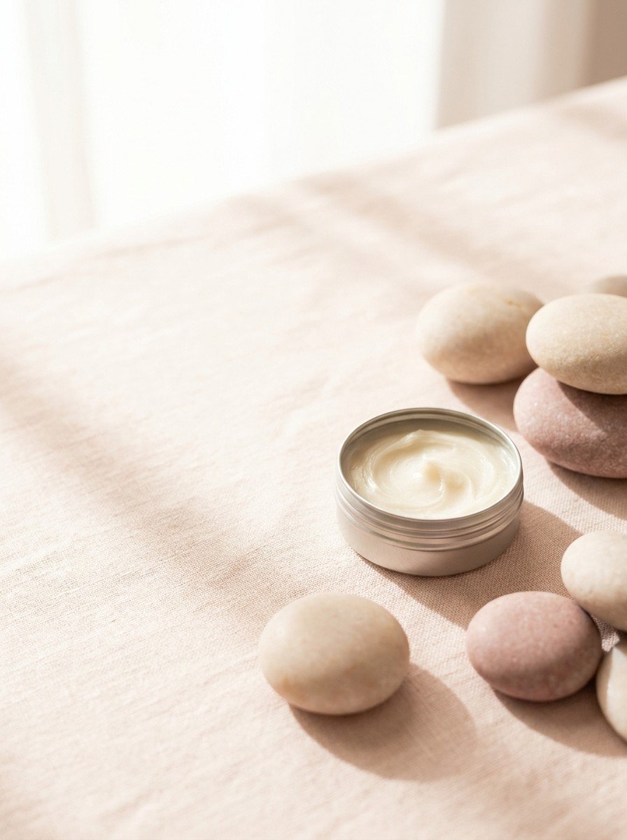 A few smooth round pale river pebbles and a small open tin of thick ointment in the lower right of cream-rose linen, upper left empty