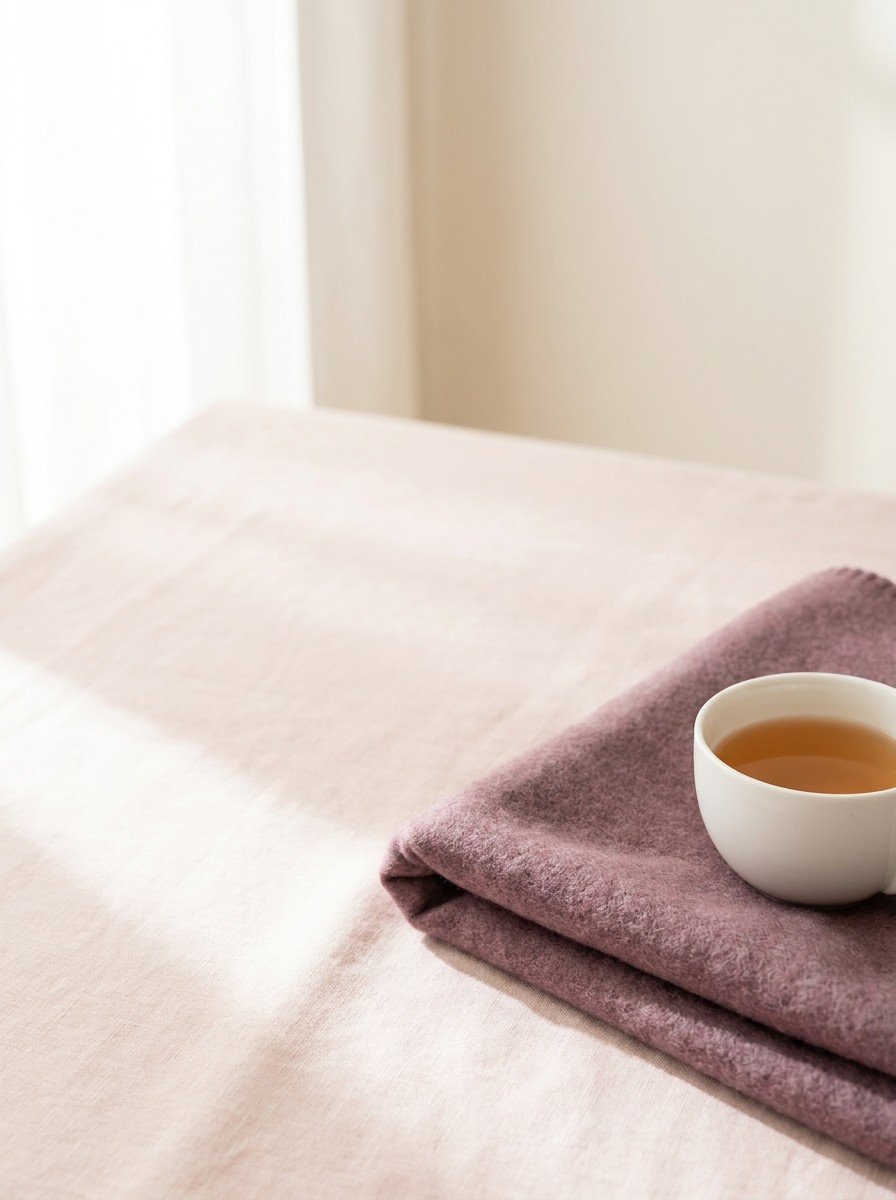 A folded plum wool blanket with a white cup of warm barley tea in the lower right of blush linen, upper left empty