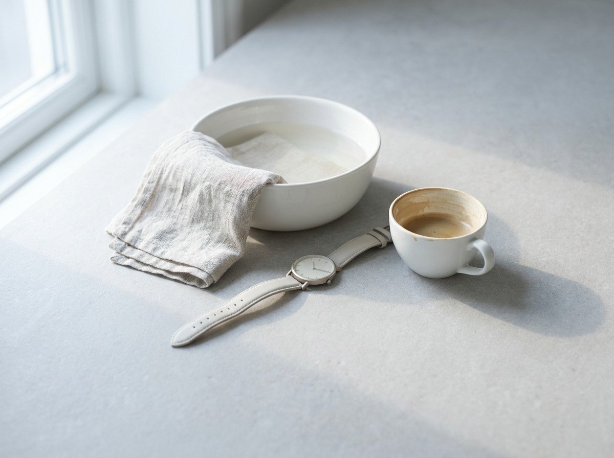 A half-finished white cup of coffee, a wristwatch with a plain dial and a white ceramic basin of warm water with a folded linen towel clustered in the middle of a pale gray stone surface by a window