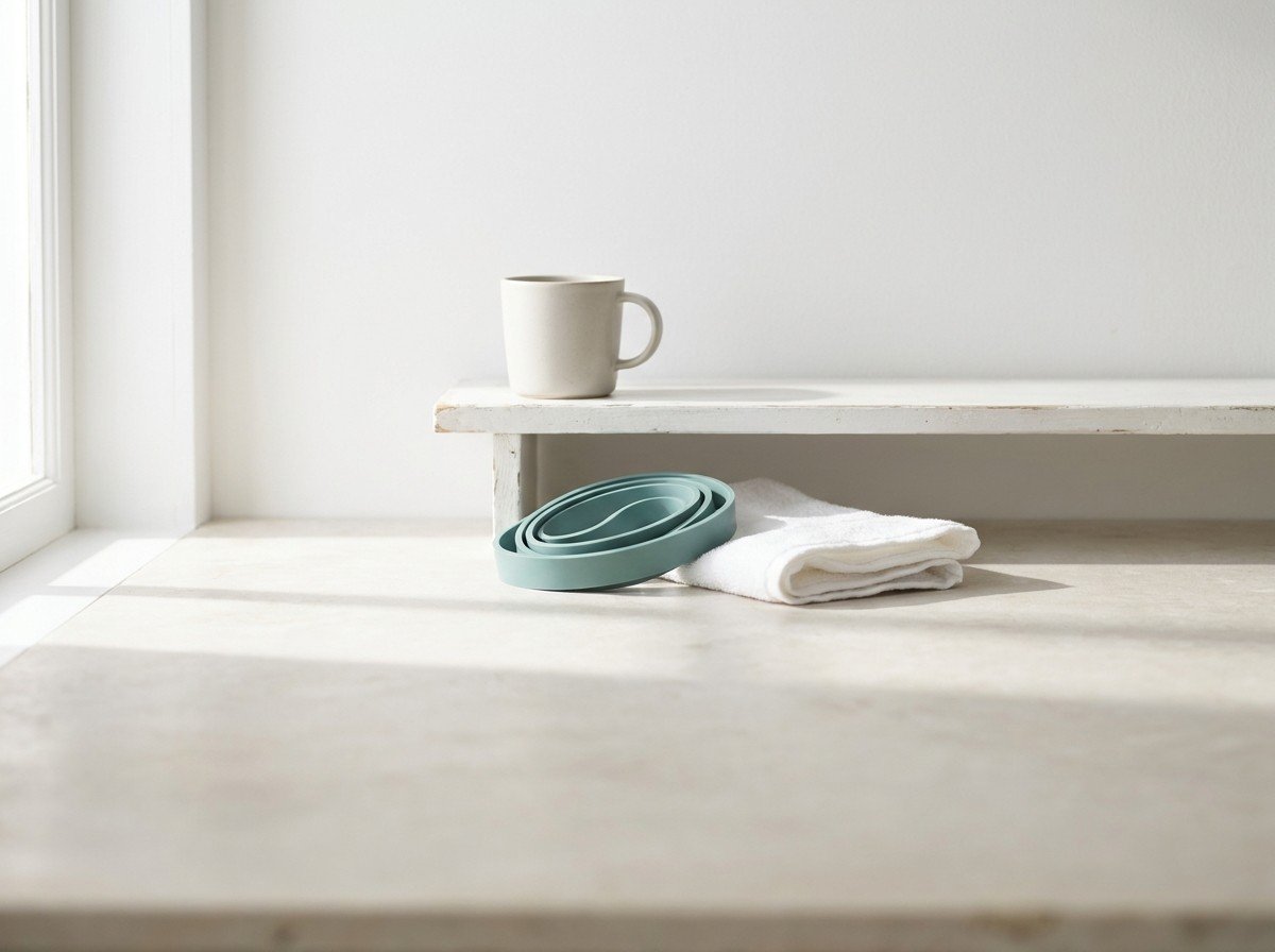 A ceramic mug on the edge of a white wall shelf above a coiled teal resistance band and a folded white towel on pale stone in soft window light