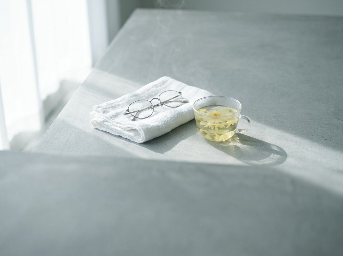 A folded warm damp white towel with faint steam, thin-framed reading glasses and a glass cup of pale chrysanthemum tea clustered on a light gray stone table by a window