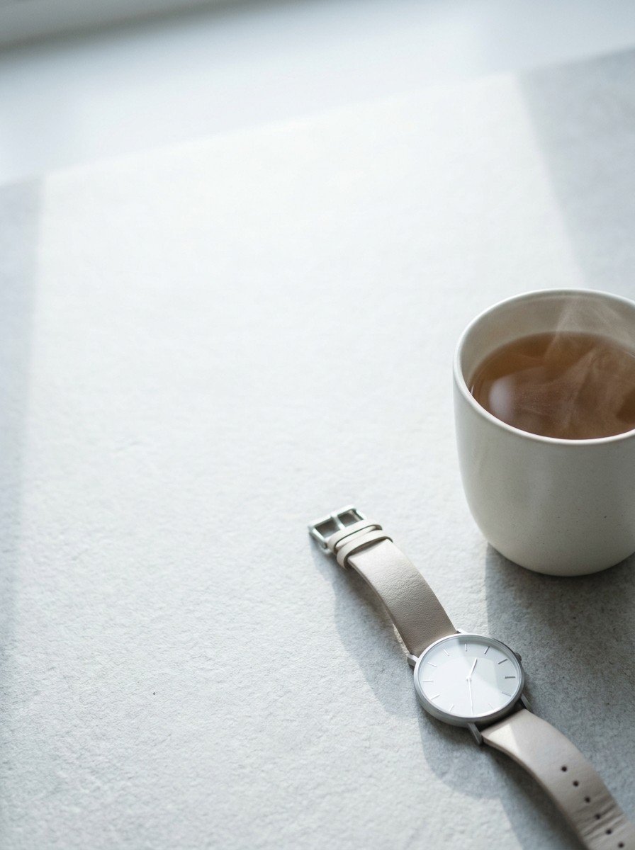 A wristwatch with a plain dial and a white cup of warm tea in the lower right of a pale gray stone surface, upper left empty