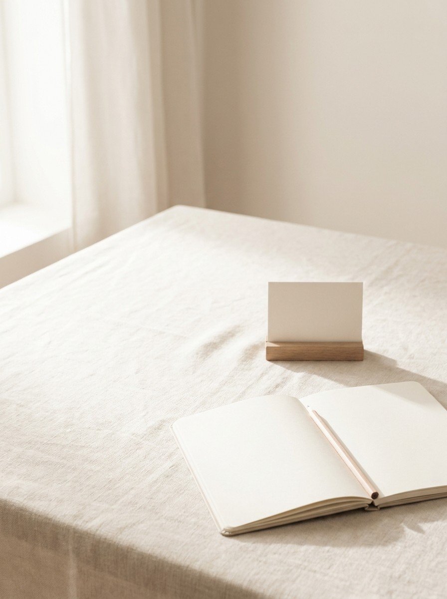 An open blank notebook with a pencil and a blank calendar card at the lower right of cream linen, upper left of the frame left empty