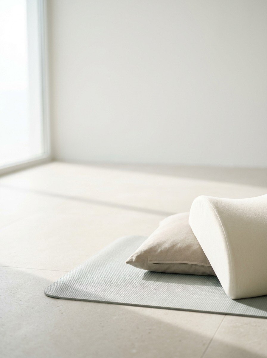 A low flat pillow and a white lumbar cushion on a gray mat at the lower right of the frame, upper left of the frame left empty