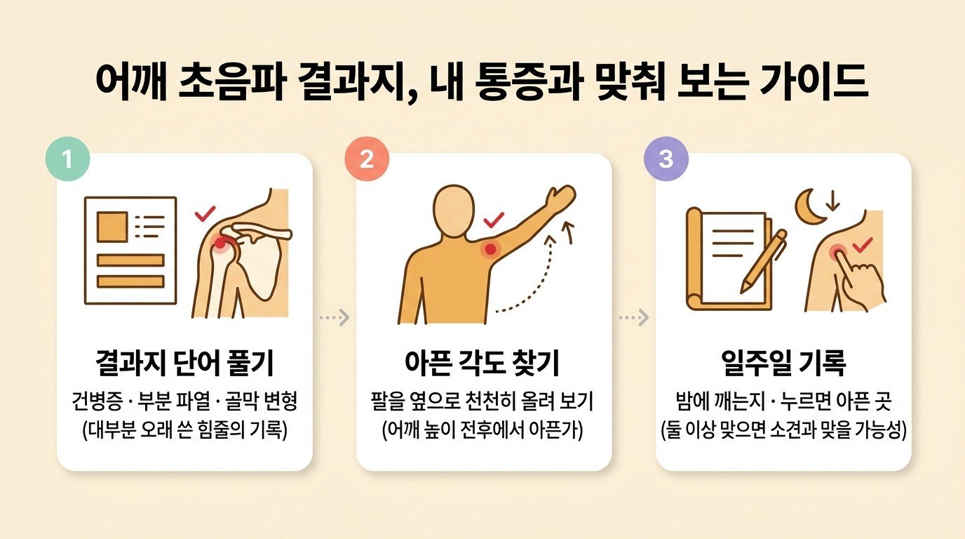 어깨 초음파 결과지를 내 통증과 맞춰 보는 가이드: 결과지 단어 풀기, 아픈 각도 찾기, 일주일 기록하기
