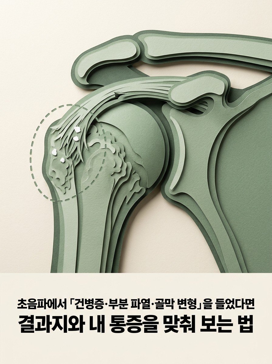 어깨 관절 페이퍼크래프트 — 결이 풀린 회전근개 힘줄과 울퉁불퉁한 부착부 뼈 표면