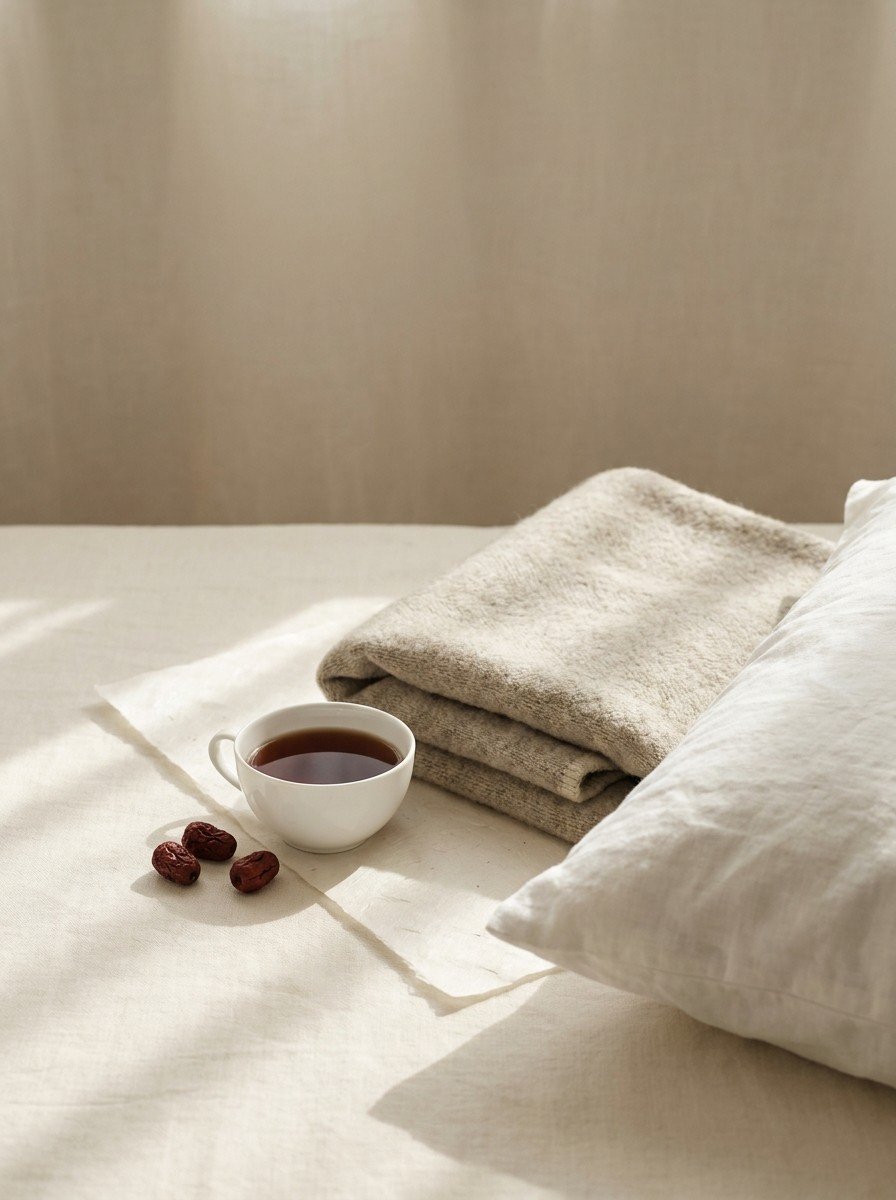 The corner of a white linen cushion, a folded oatmeal wool blanket and a white porcelain cup of jujube tea on the lower right of cream linen, upper left of the frame left empty
