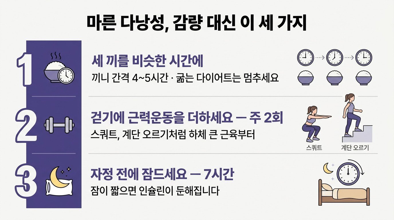 마른 다낭성은 감량 대신 세 끼 간격 맞추기, 주 2회 근력운동(스쿼트·계단 오르기), 자정 전 7시간 수면