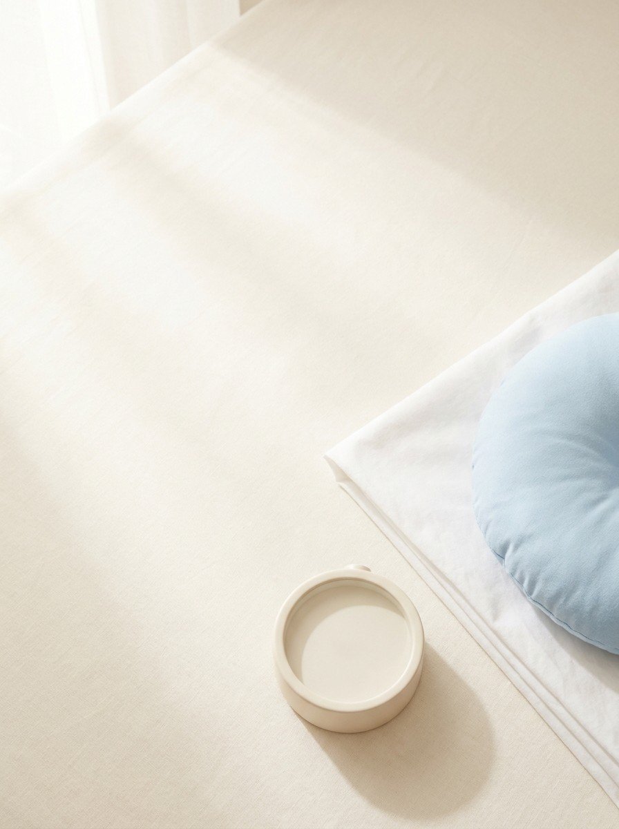 A small pale blue child's pillow on a folded white sheet and a small round cream clock on the lower right of cream linen, upper left of the frame left empty