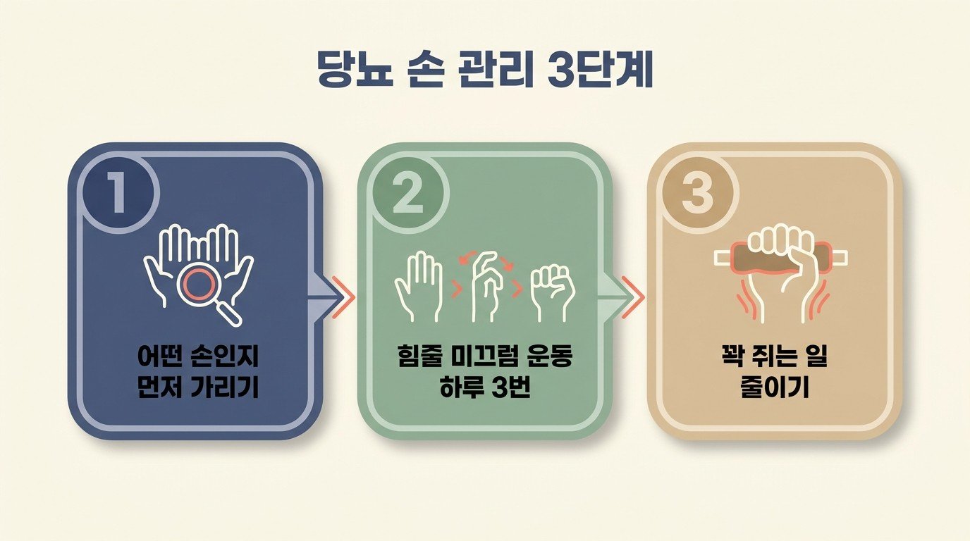 당뇨 손 관리 3단계 — 손 유형 가리기, 힘줄 미끄럼 운동, 꽉 쥐는 일 줄이기